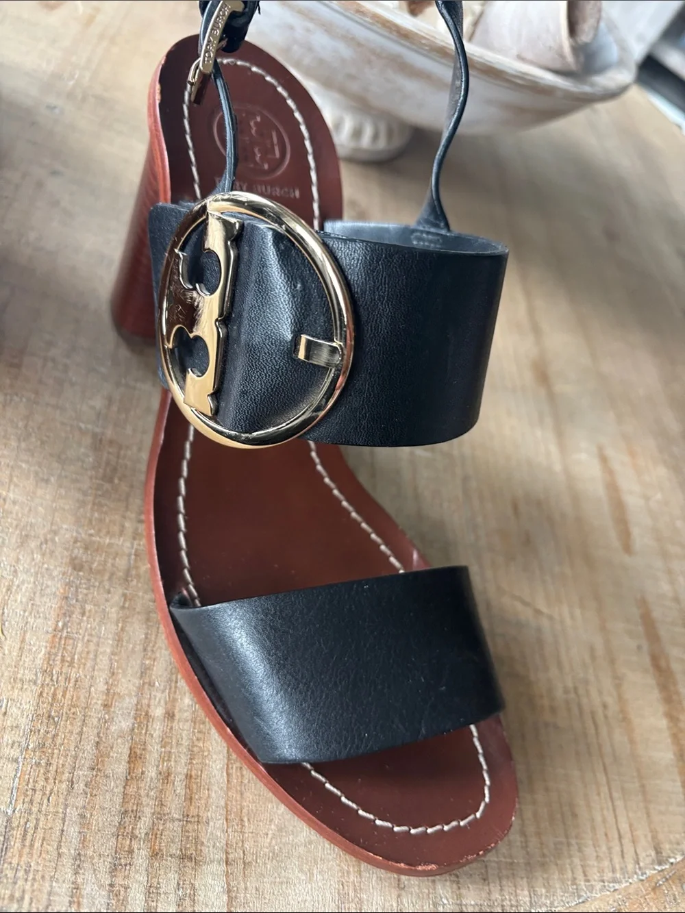 Tory Burch Black Leather Block Heel Sandals with Gold Emblem